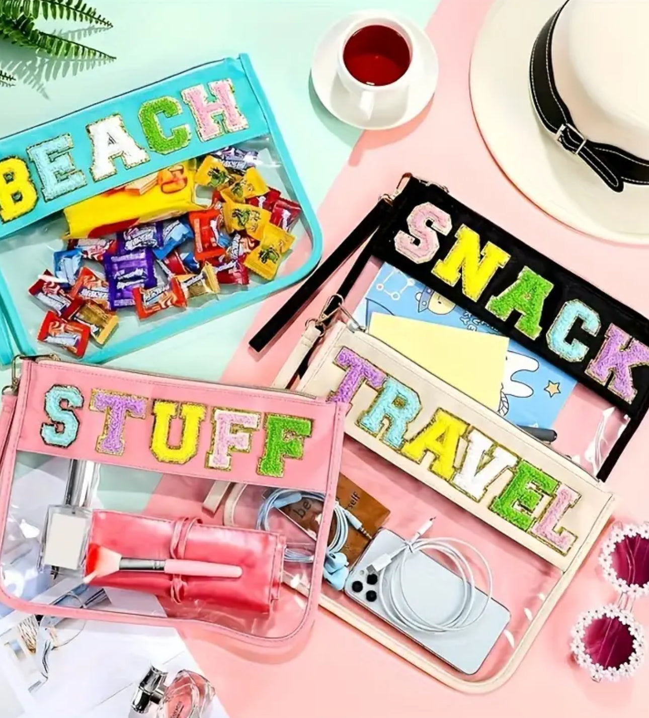 Clear Zipper Pouch Chenille Snack Bag with Multi-Colored Varsity Letters