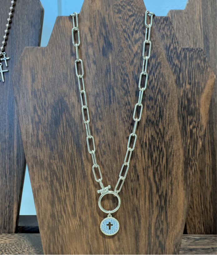 Gold Paper Clip Chain w/Cubic Zirconia Circular Open Cross Pendant