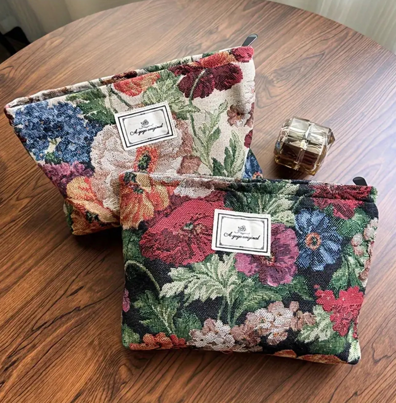 Vintage Textured Fabric Floral Cosmetic Bag