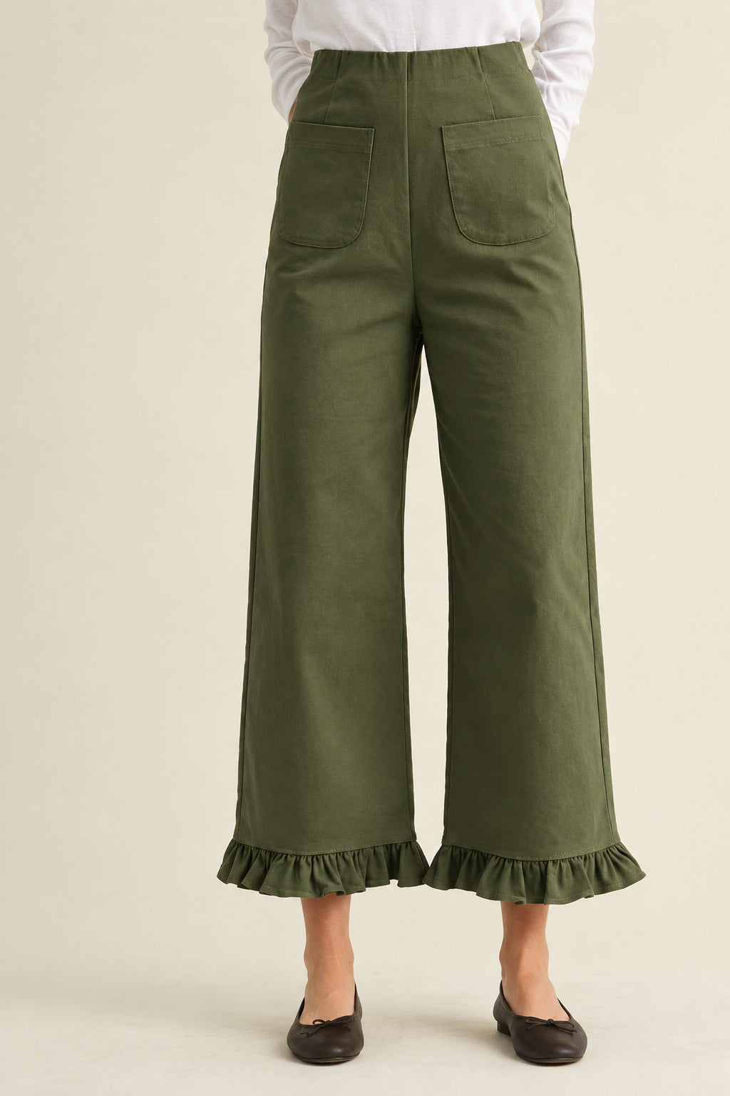 Stretch Front Pocket Ruffle Hem Twill Pants