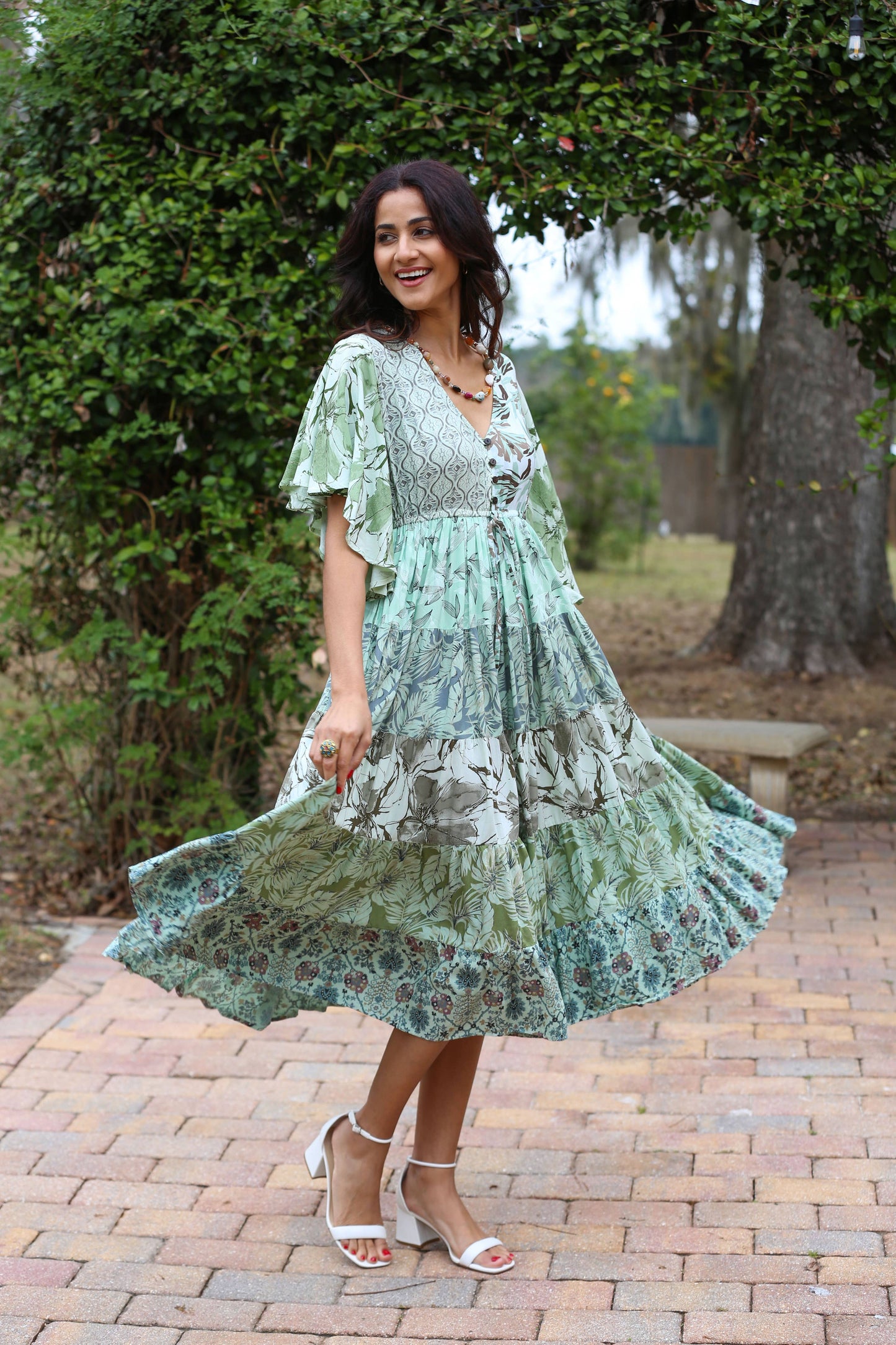 Flutter Sleeve Boho Dress: Mint Meadow Patchwork