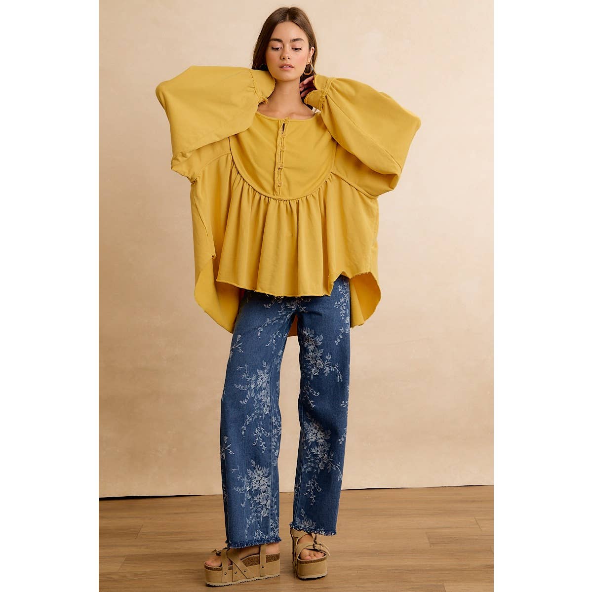 VINTAGE FLORAL VINE PRINT WIDE LEG JEANS