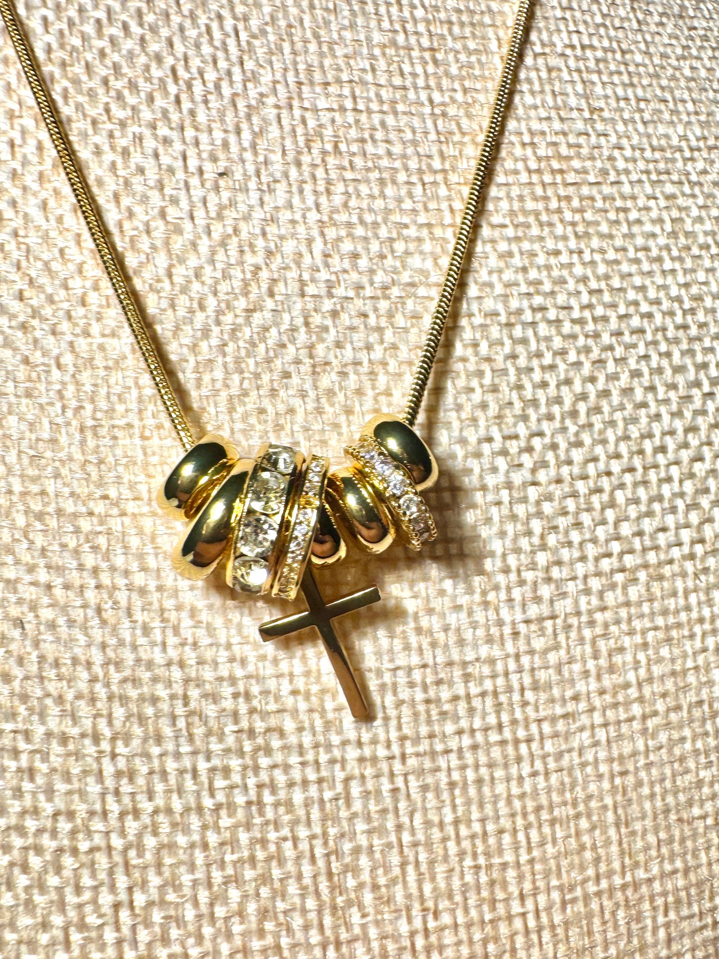 Gold‑Dipped Ringlet & Cross Necklace — Crystal‑Studded Accents
