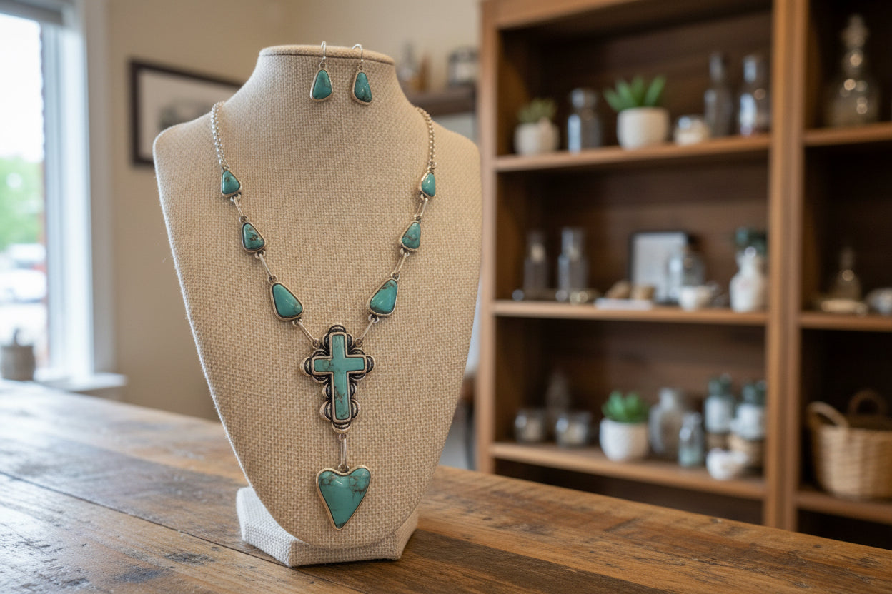 Turquoise Marbled Stone Necklace & Earring Set — Silver‑Tone Southwestern Cross with Heart Drop