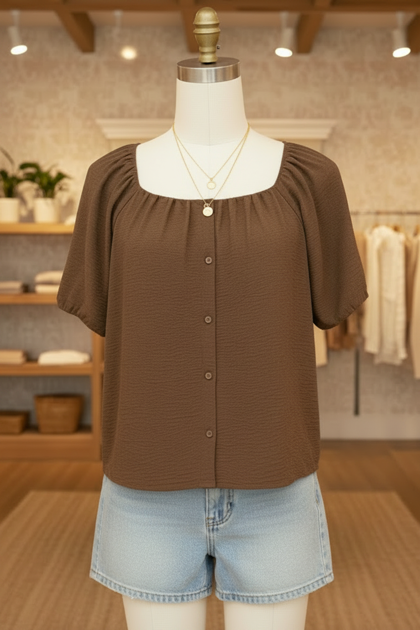 Plus Size Bubble Sleeve Button Front Blouse