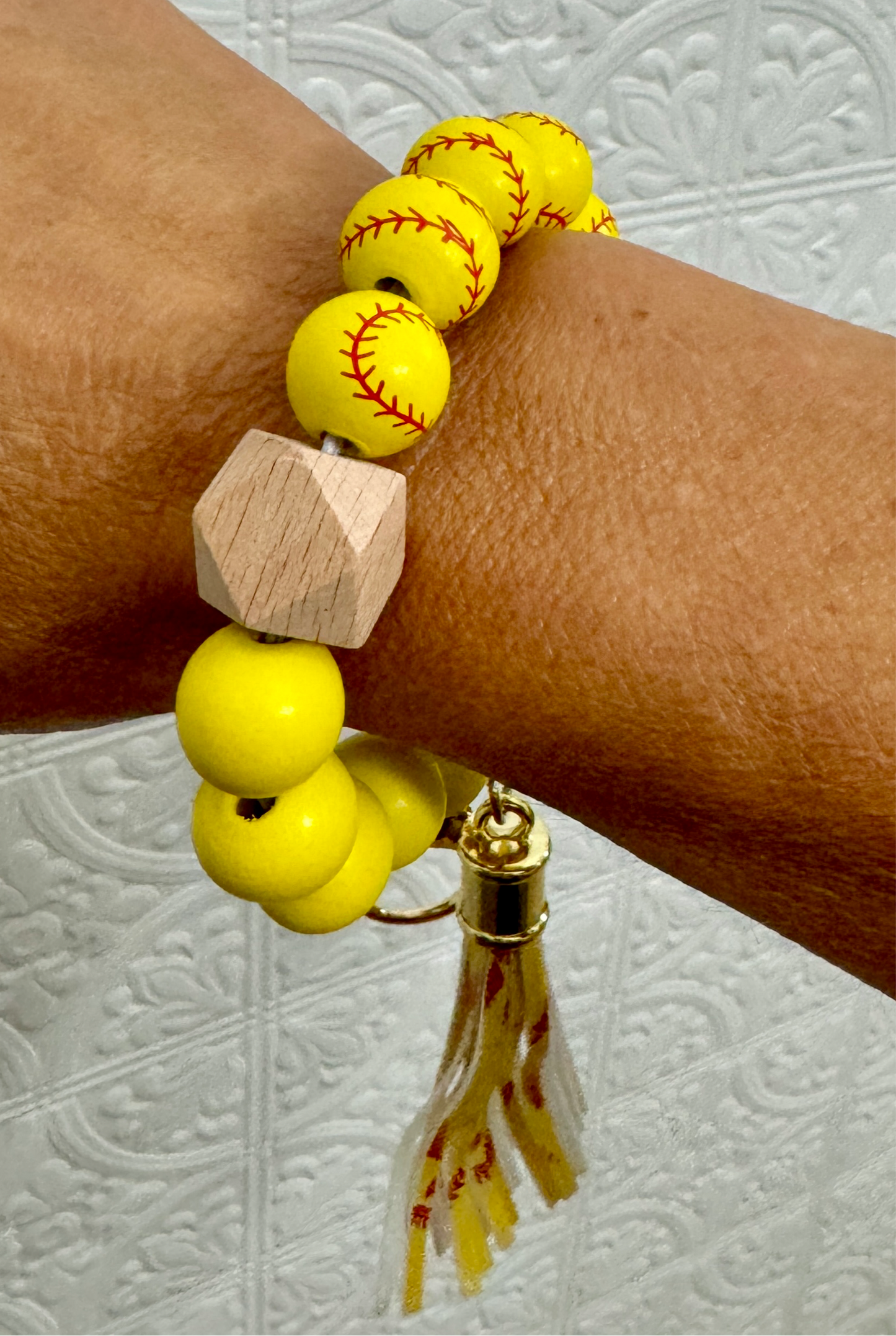 Wooden Beaded Softball Wristlet Keychain with PU Leather Tassel and Lobster Clasp