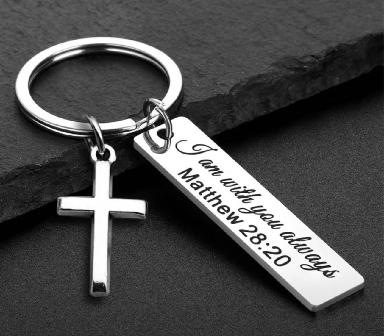 Silver Scripture Cross Keychain