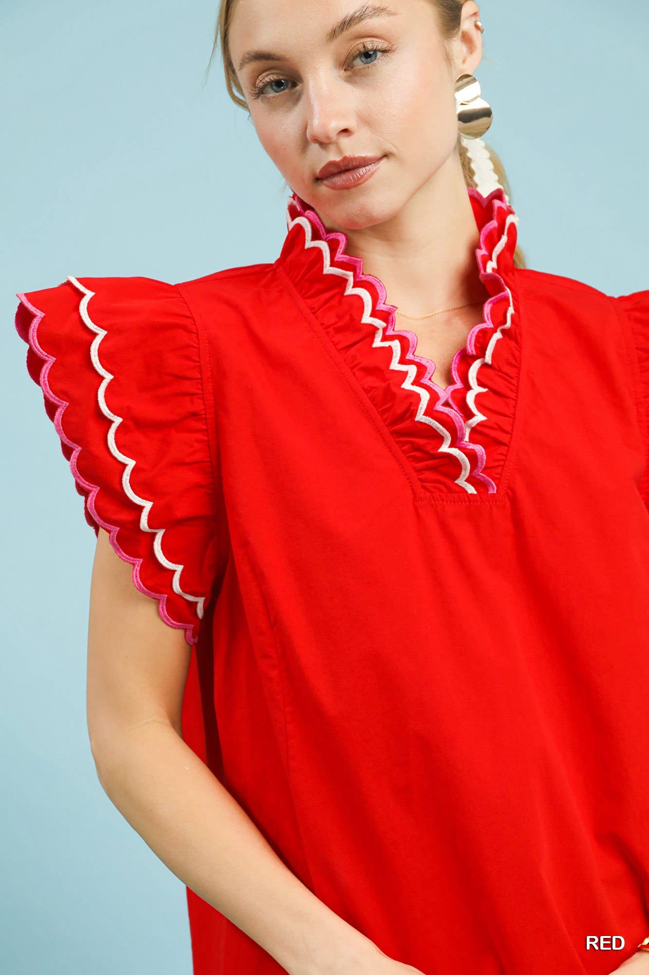 Scallop Trim Ruffle Sleeve Top