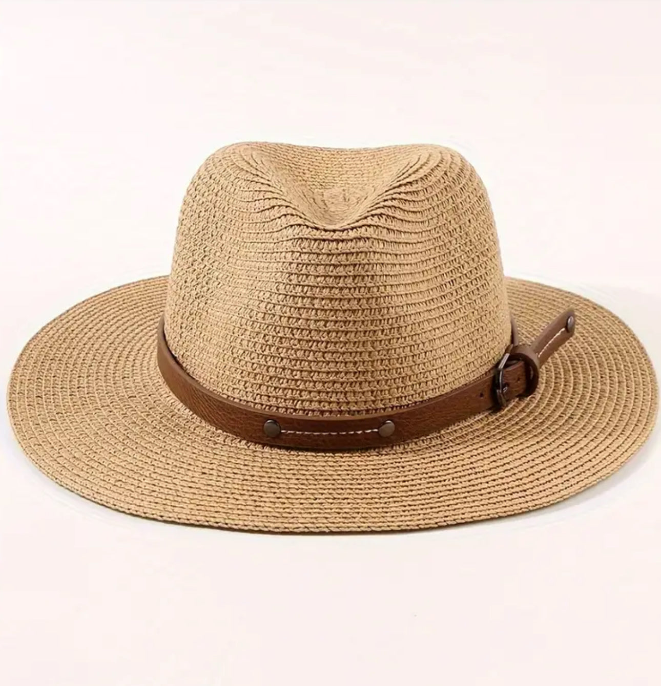 Chic Breathable Khaki Summer Straw Sun Hat With removable Pu Leather Belt Band