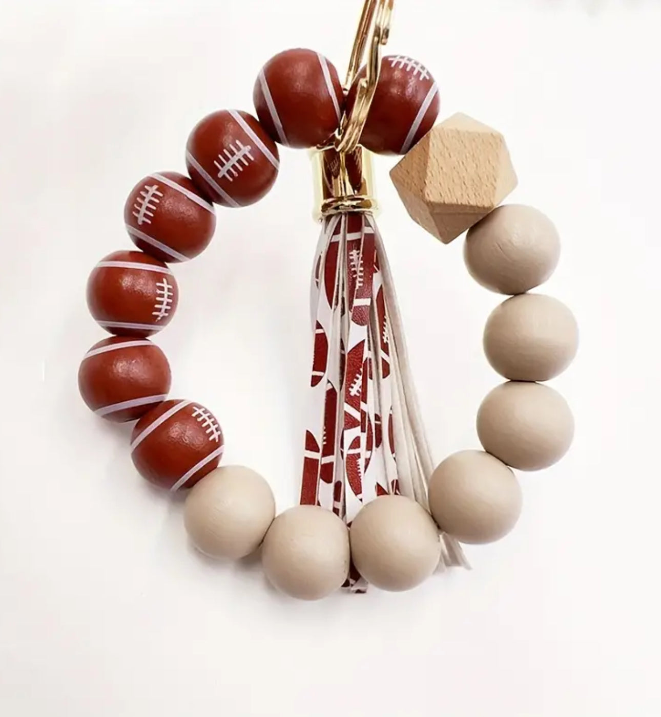 Wooden Bead Football Wristlet Keychain with tassel