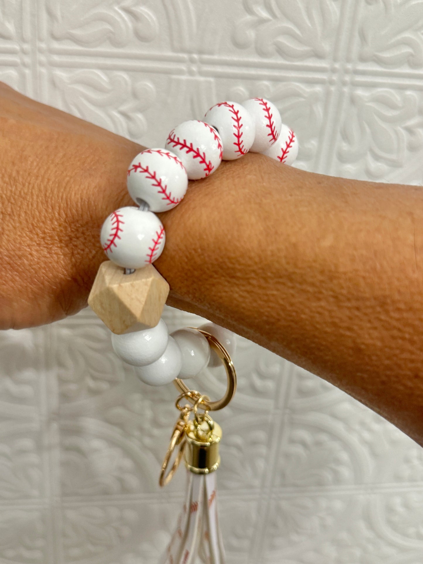 Wooden Bead Baseball Wristlet Keychain with PU Leather Tassel and Lobster Clasp