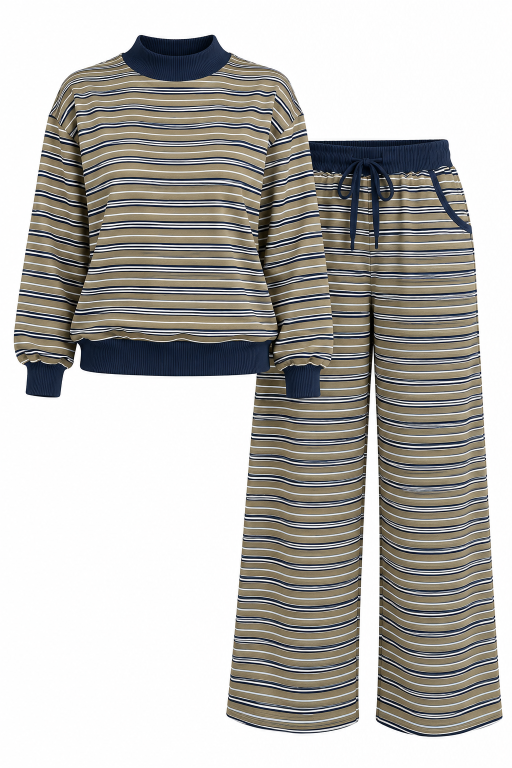 Women's Olive Striped Mock Neck & Ankle-Length Wide Leg Pants Set