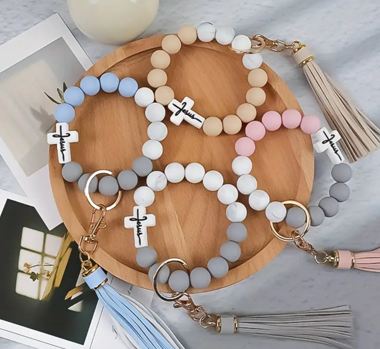 Pastel Silicone Bead Wrist Keychains with Tassel, Lobster Bead Embellished Keychain