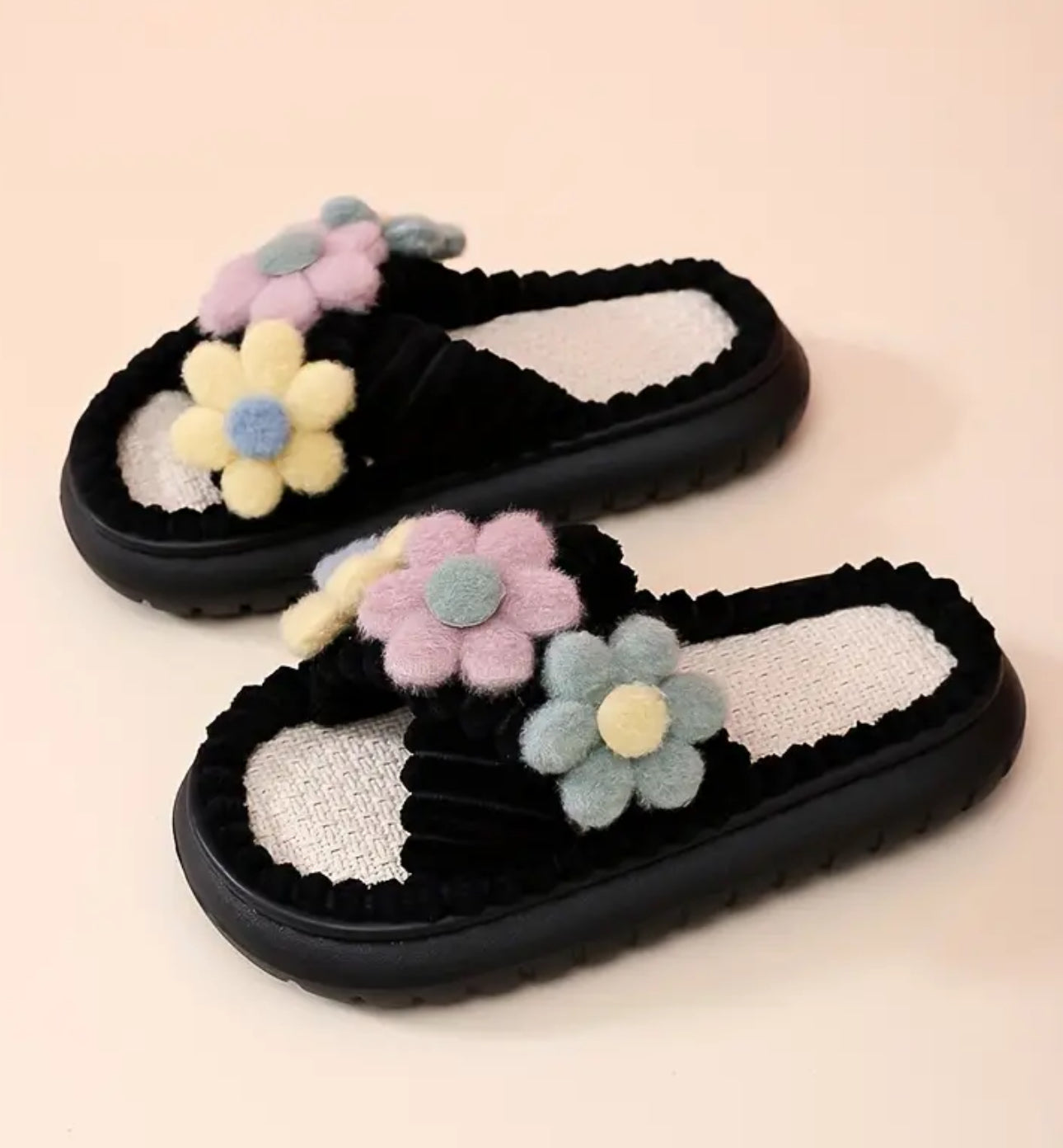 Plush and Cozy Flower Accented Open Toe Comfort Slip-On Slippers