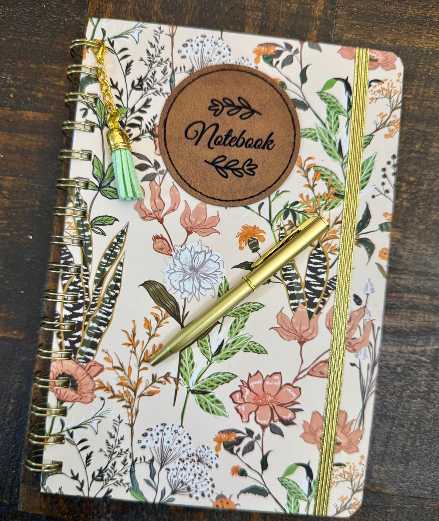 Hardback Floral Journal/Notebook w/ PU Leather engraved patch, removable tassel and mini pen