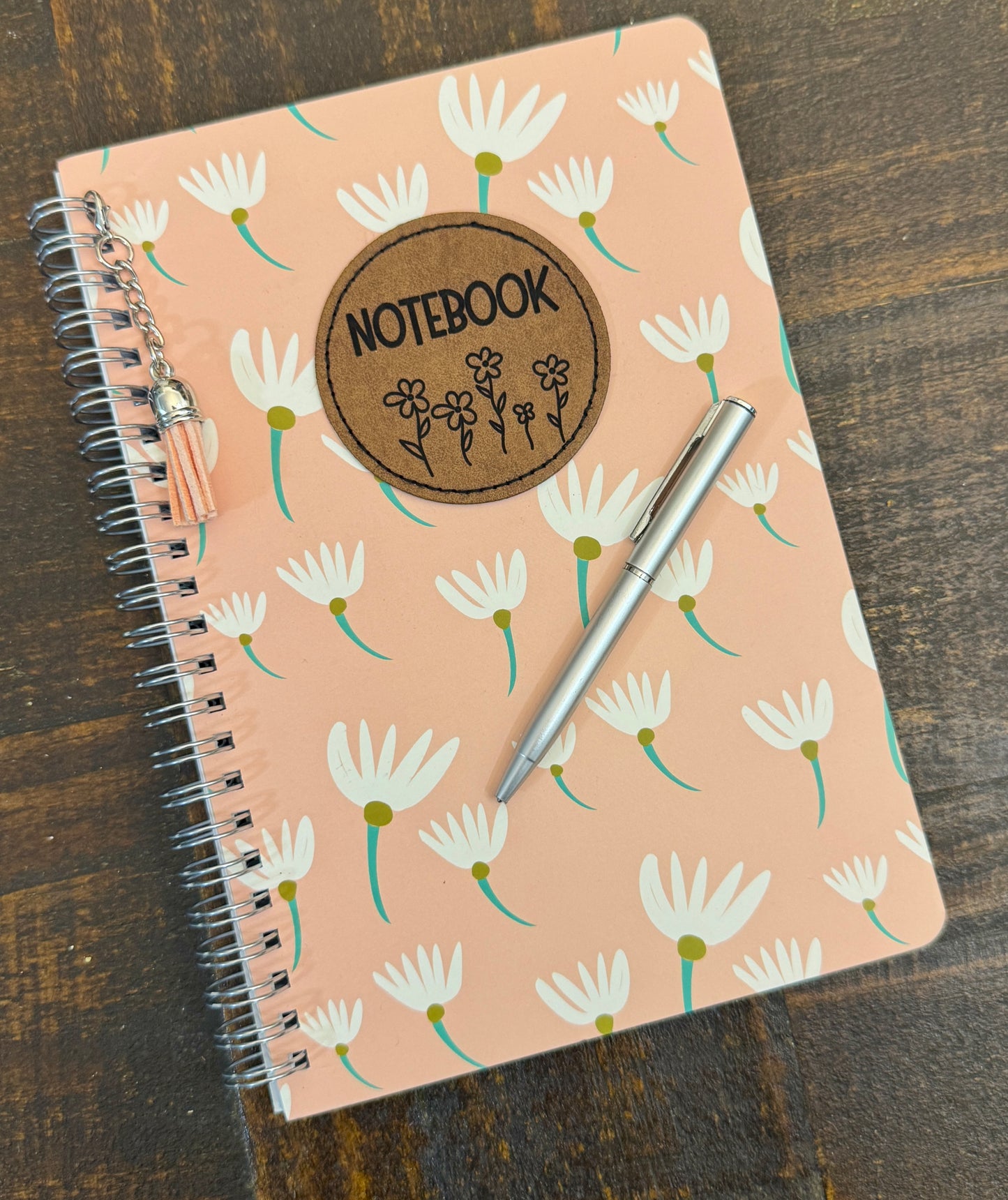 Floral Notebook w/ PU Leather engraved patch, removable tassel and mini pen