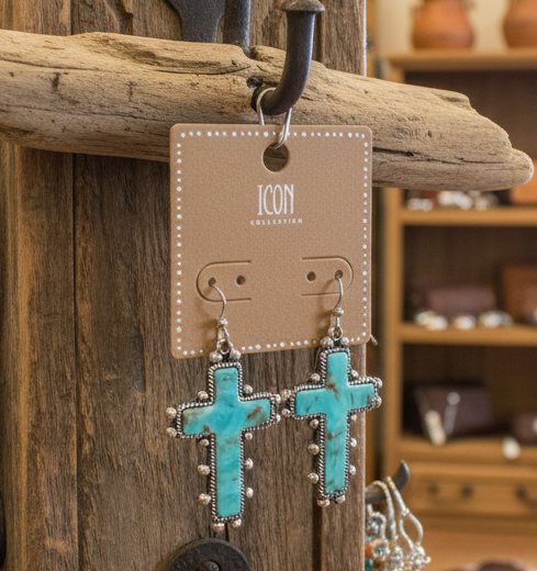Turquoise Marbled Cross Drop Earrings — Silver-Trim