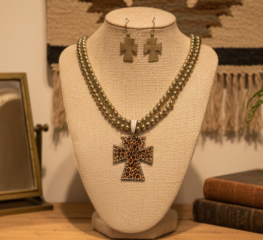 Gold Double Beaded Strand Leopard Cross Necklace & Earring Set