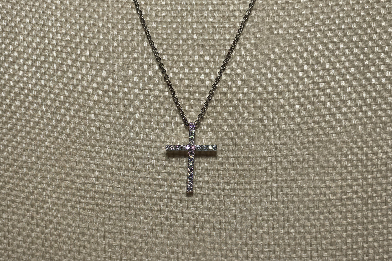 Silver Crystal‑Accented Cross Pendant Necklace