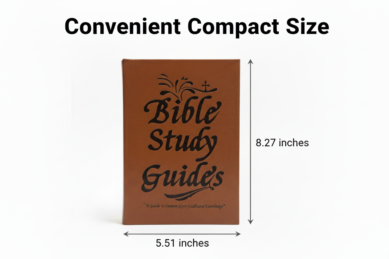 Brown 'Bible Study Guide' book with dimensions labeled on a white background