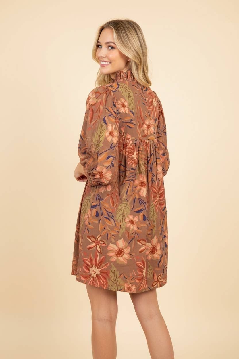 Botanical Print Puff Sleeve Ruffle Neck Mini Dress
