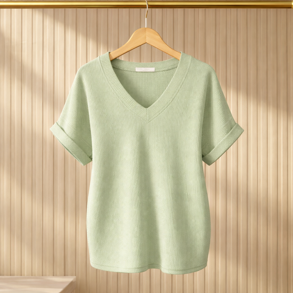 BASIC WAVE RIB V-NECK SHORT SLEEVE TUNIC TOP