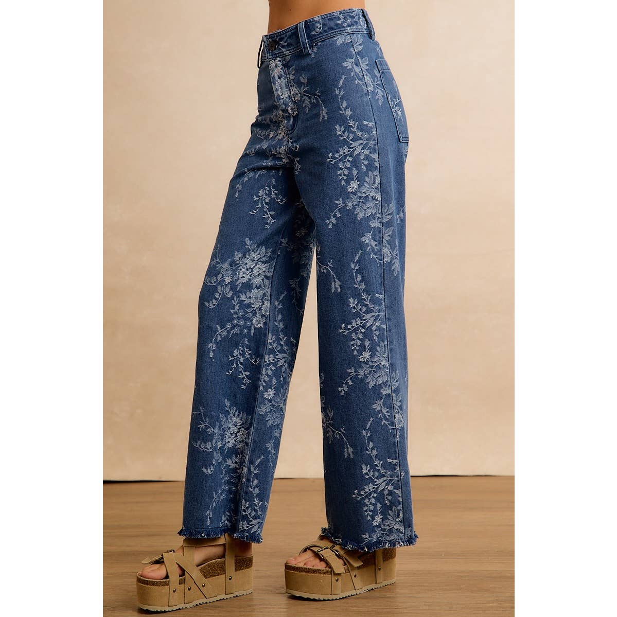 VINTAGE FLORAL VINE PRINT WIDE LEG JEANS