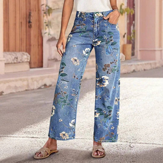 Floral Print High Waist Wide Leg Denim Jeans