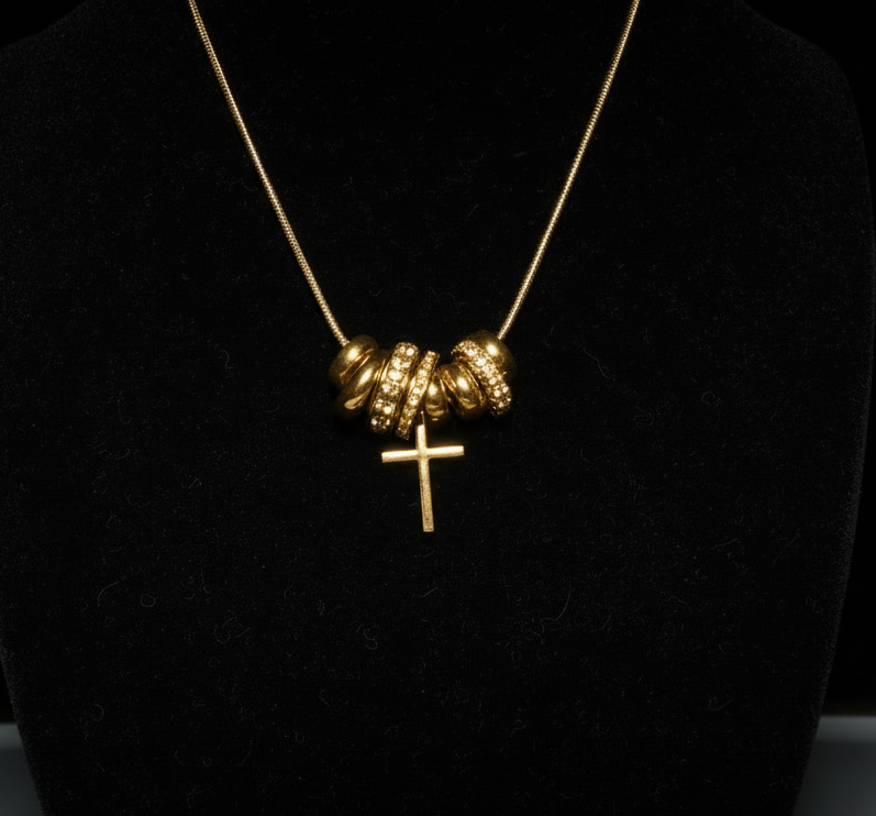 Gold‑Dipped Ringlet & Cross Necklace — Crystal‑Studded Accents