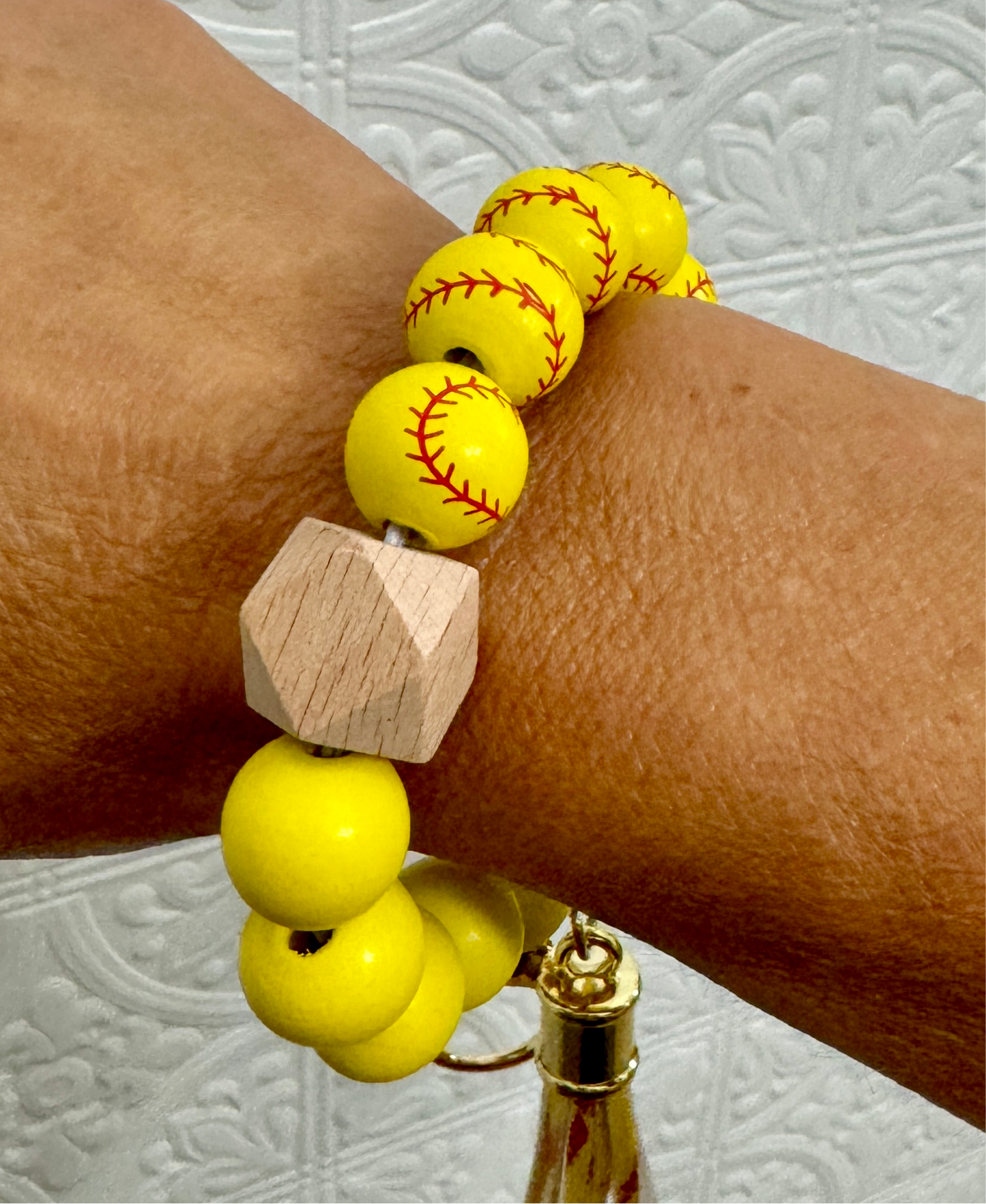 Wooden Beaded Softball Wristlet Keychain with PU Leather Tassel and Lobster Clasp