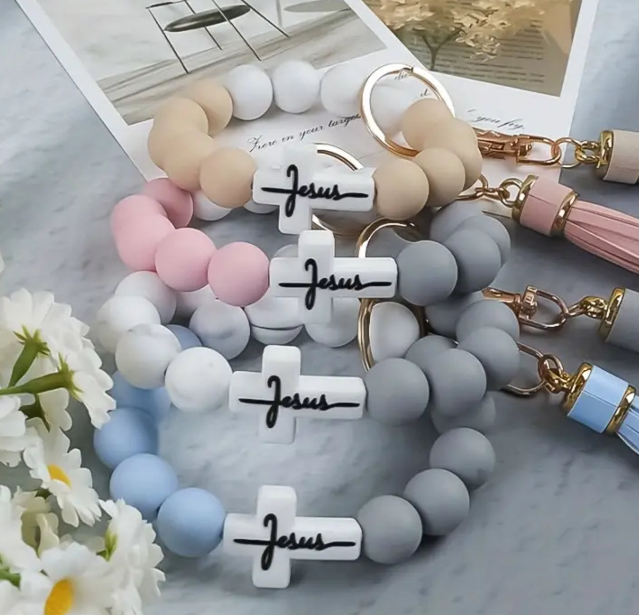 Pastel Silicone Bead Wrist Keychains with Tassel, Lobster Bead Embellished Keychain