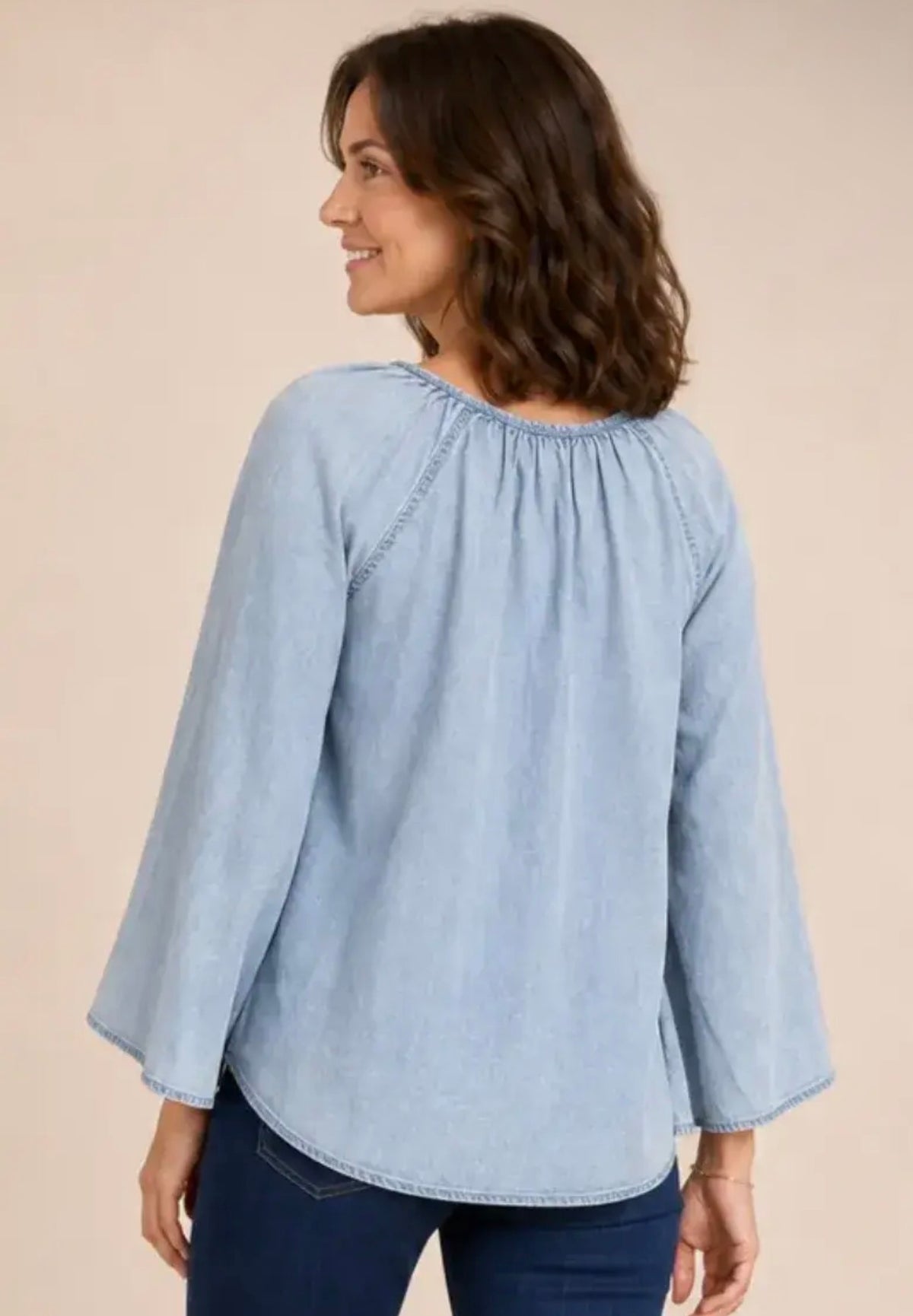 Bleach Wash Tencel Tie Front Raglan Sleeve Blouse