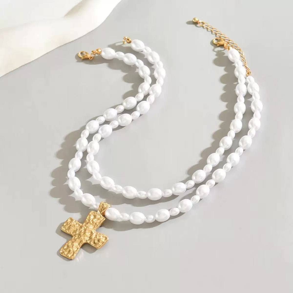 Cute Layered Cross Pearl Necklace for Women
