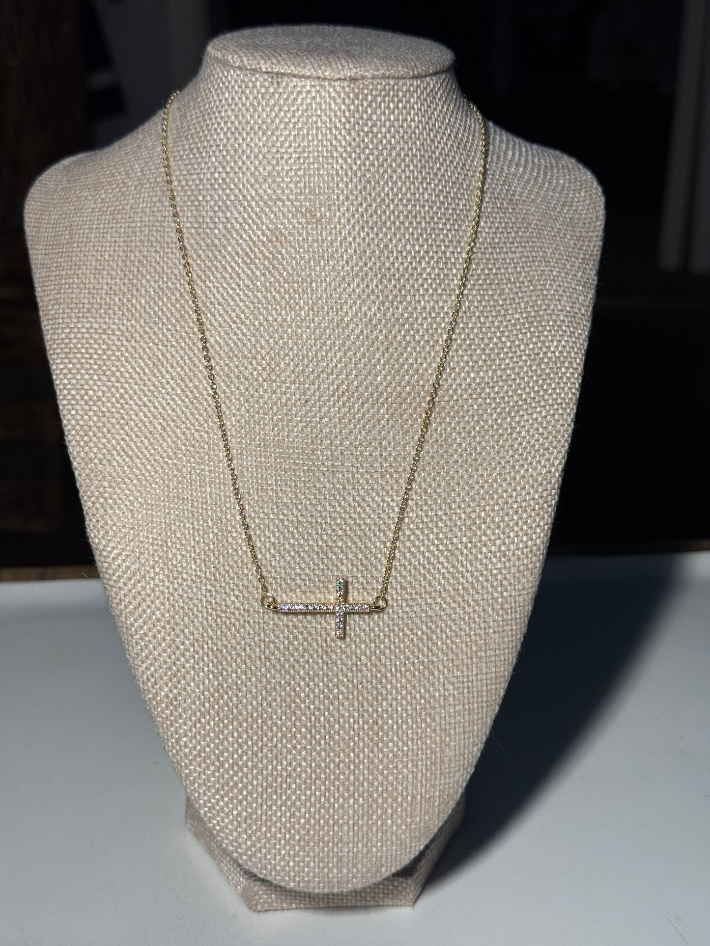 Gold Sideways CZ Cross Necklace