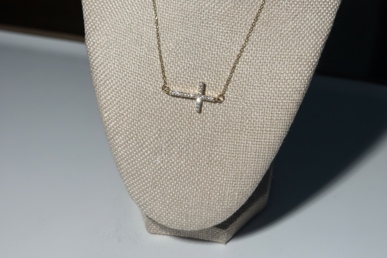 Gold Sideways CZ Cross Necklace