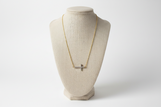 Gold Sideways CZ Cross Necklace