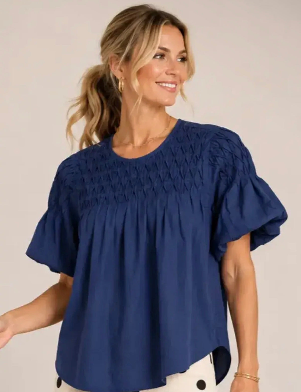 Tencel Puff Sleeve Smocked Yoke Blouse