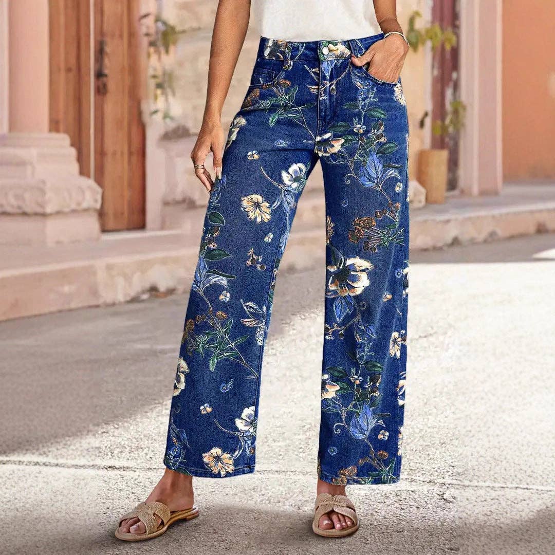 Floral Print High Waist Wide Leg Denim Jeans