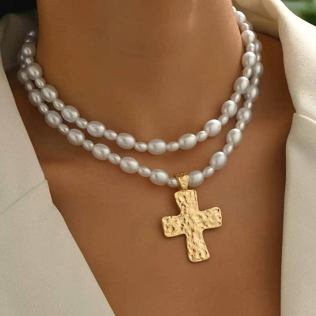 Cute Layered Cross Pearl Necklace for Women