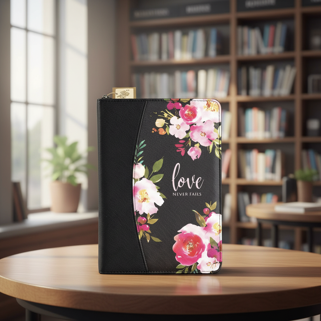 White Dove Bible Cover Love Never Fails Black XL