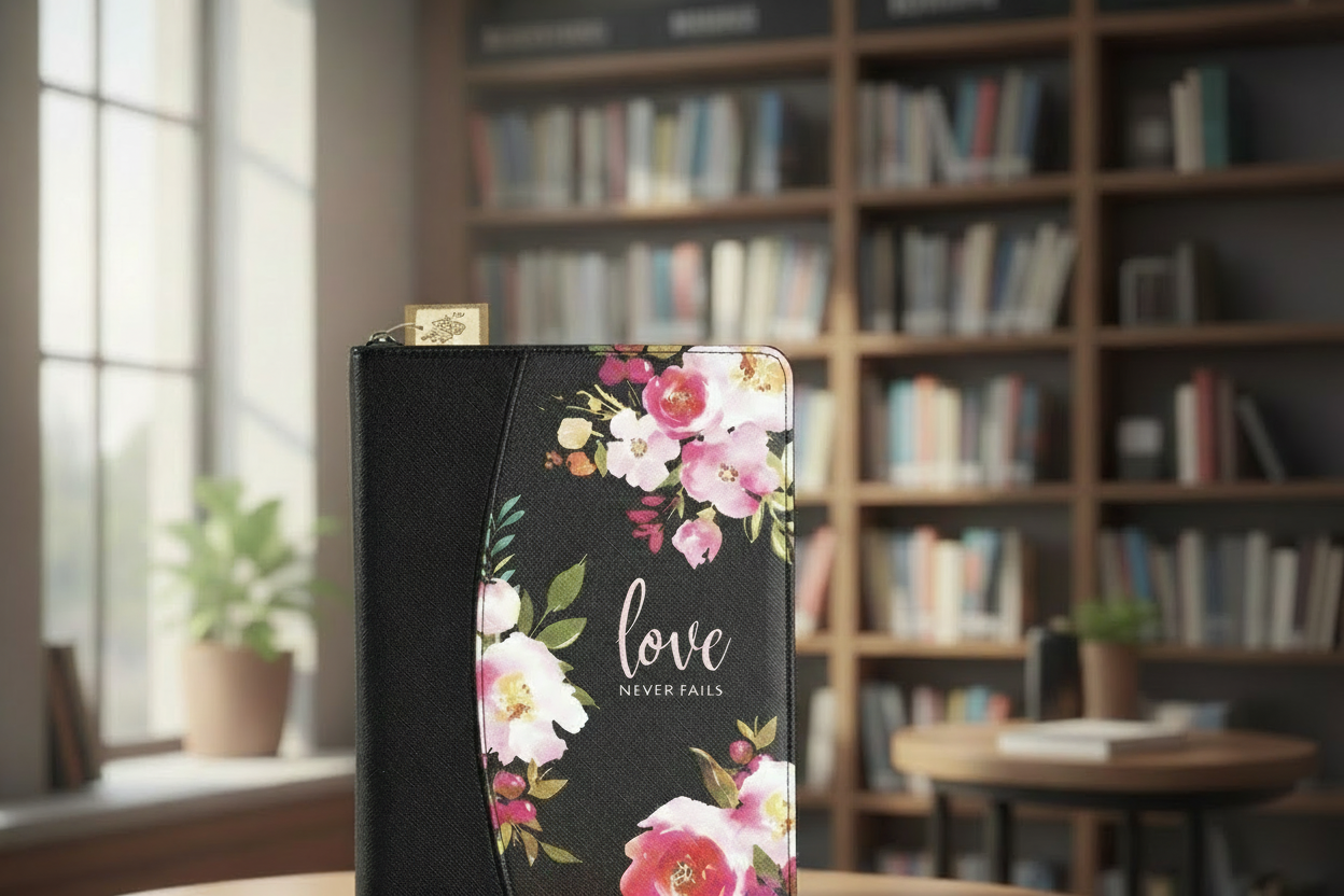 White Dove Bible Cover Love Never Fails Black XL