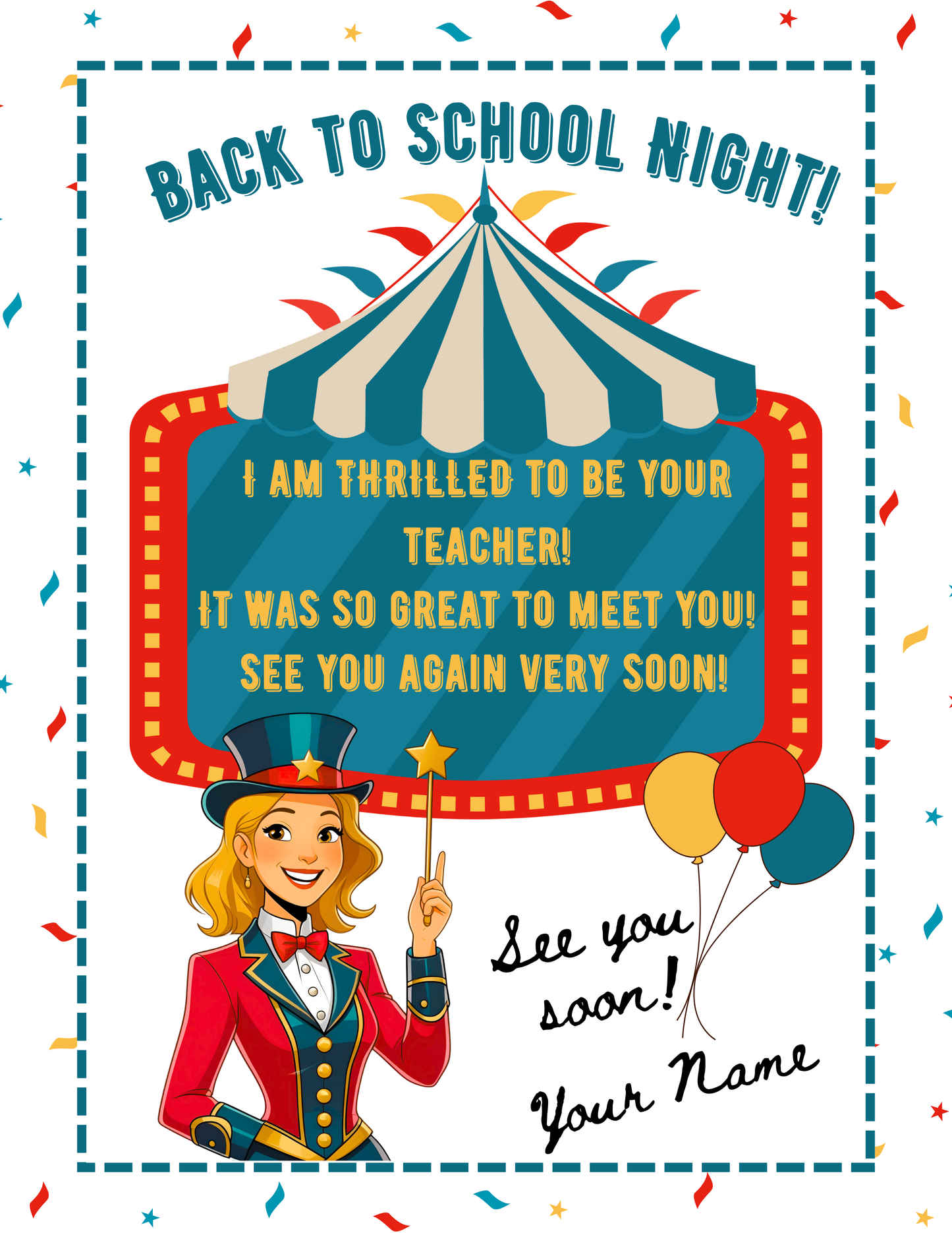 Back to School Carnival Themed Personalized Postcards for Students Back to School Note Cards from Teacher Classroom Notecards