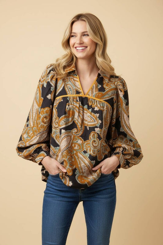 Paisley Balloon Sleeve V-Neck Blouse