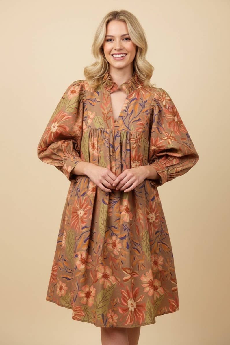 Botanical Print Puff Sleeve Ruffle Neck Mini Dress