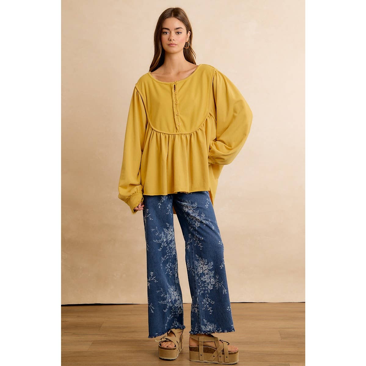VINTAGE FLORAL VINE PRINT WIDE LEG JEANS