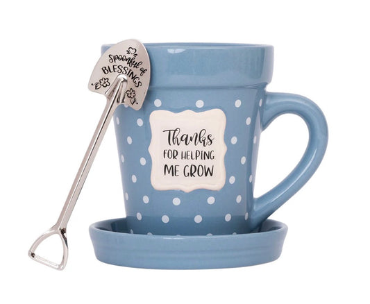 Flower Pot Mug “Thanks for Helping me Grow” with saucer and spoon