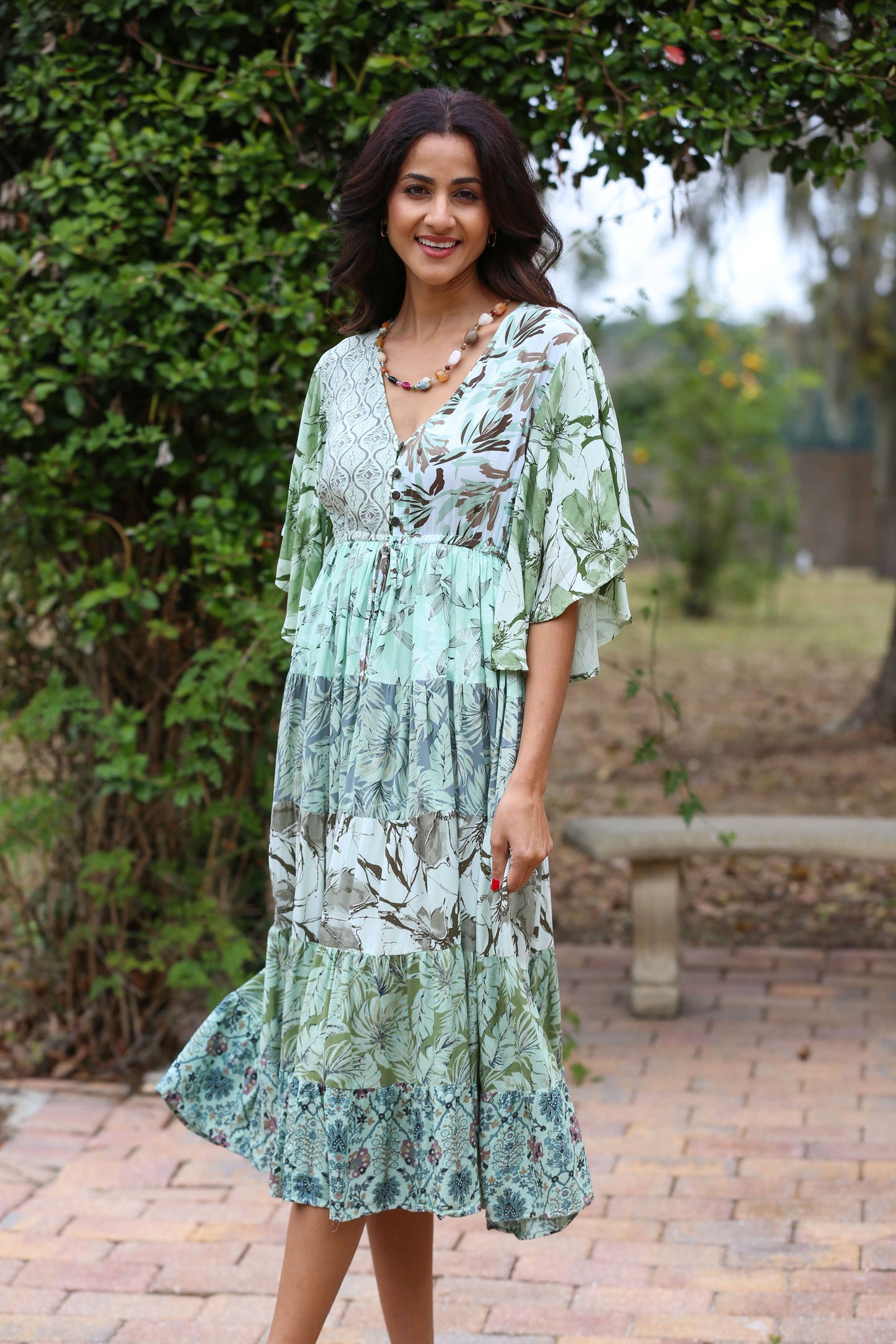 Flutter Sleeve Boho Dress: Mint Meadow Patchwork