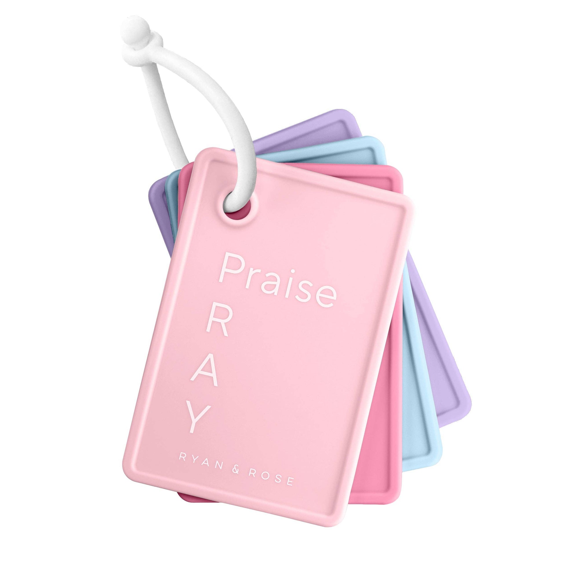 Set of colorful keychains with 'Praise RAY' text on a white background