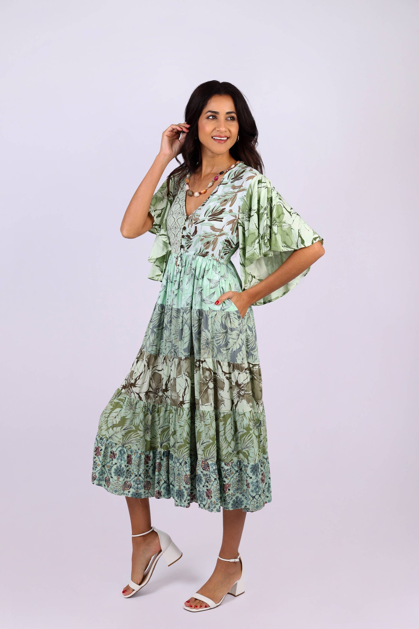 Flutter Sleeve Boho Dress: Mint Meadow Patchwork