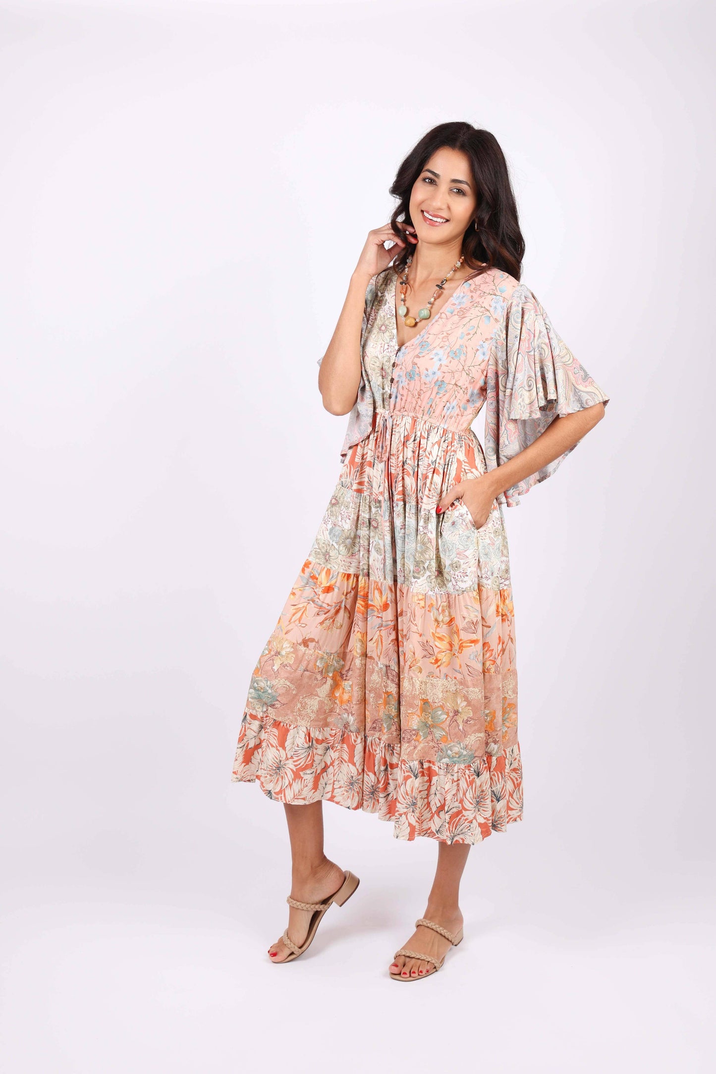 Flutter Sleeve Boho Dress: Daydreamer Blossom Patchwork